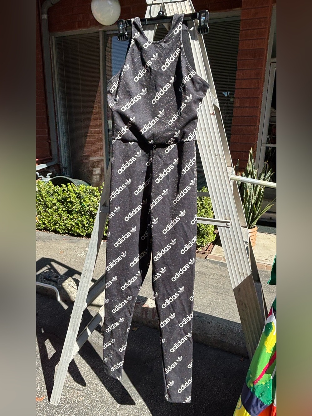 Adidas Black Allover Logo Jumpsuit stretchy workout onesie